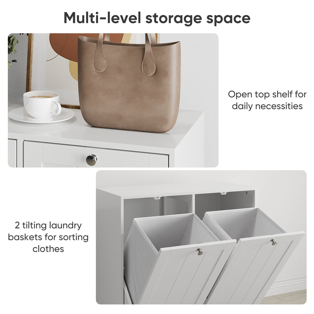 Tilted Laundry Hamper With Removable Basket, Hidden Storage Cabinet, Home Organizer For Bathroom - White